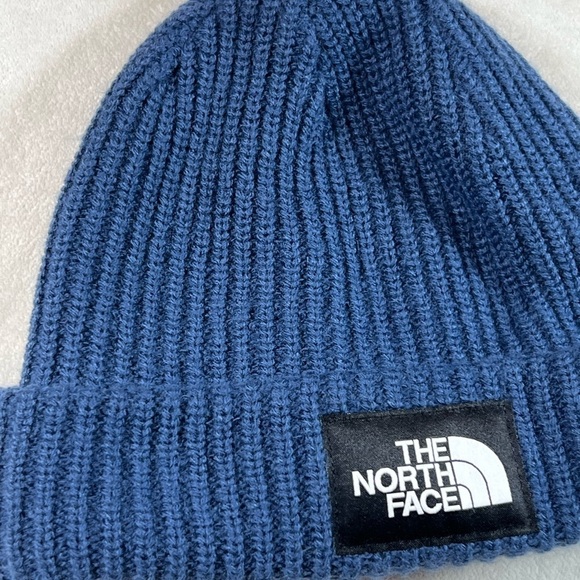The North Face Blue Winter Beanie Winter Hat Ribbed Cotton Wool Front Logo - Picture 5 of 7